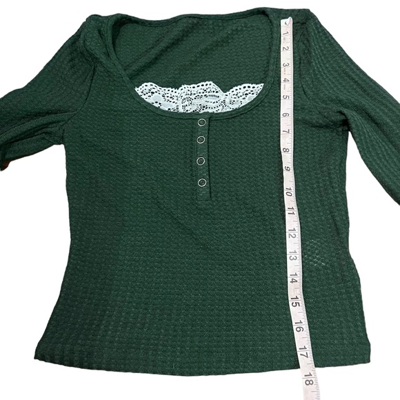 Forest Green Honeycomb Long Sleeve Button Henley Top with Peekaboo Lace - Picture 7 of 8